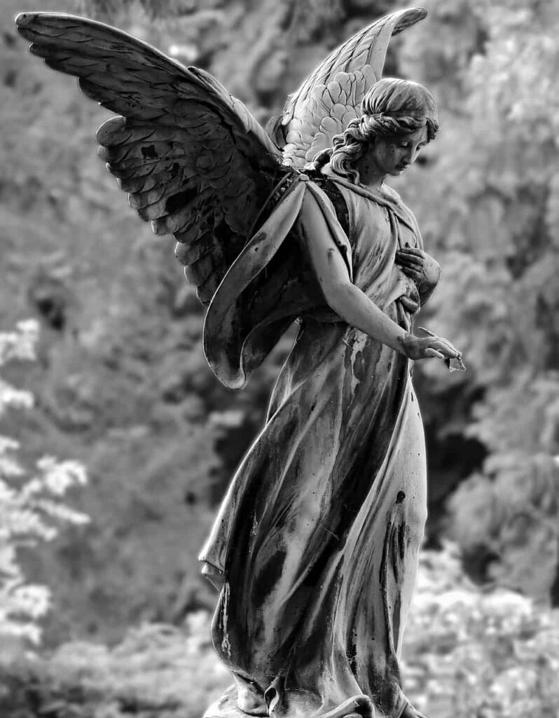 A black and white angel statue
