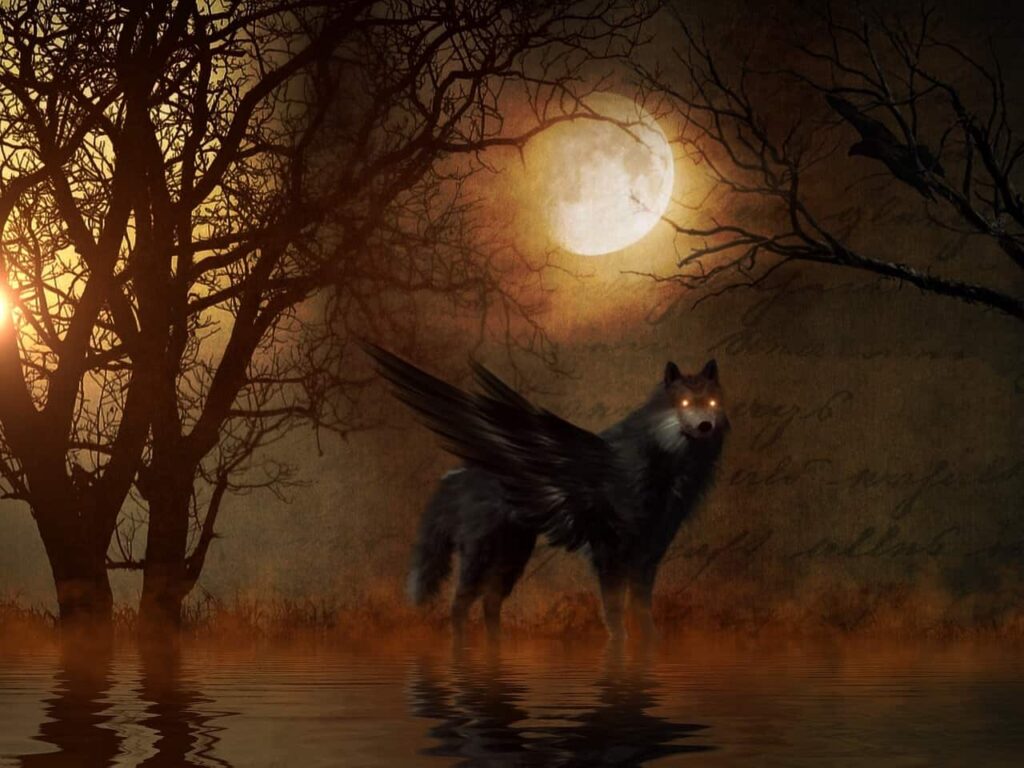 A winged wolf with glowing amber eyes in a river by full moon