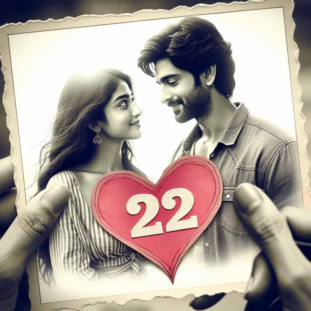 A couple in a photo with the number 22 inside a heart shape