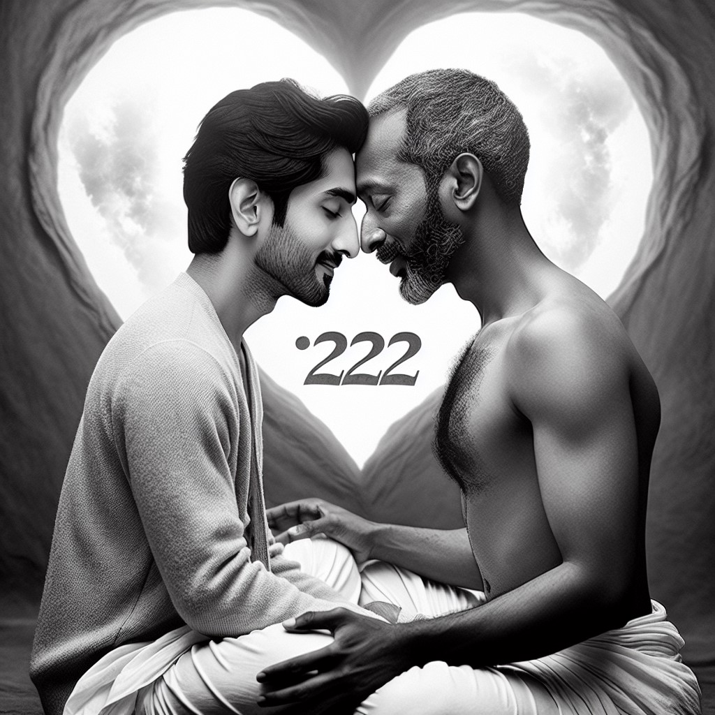 A gay couple facing each other with the number 222 inside a heart