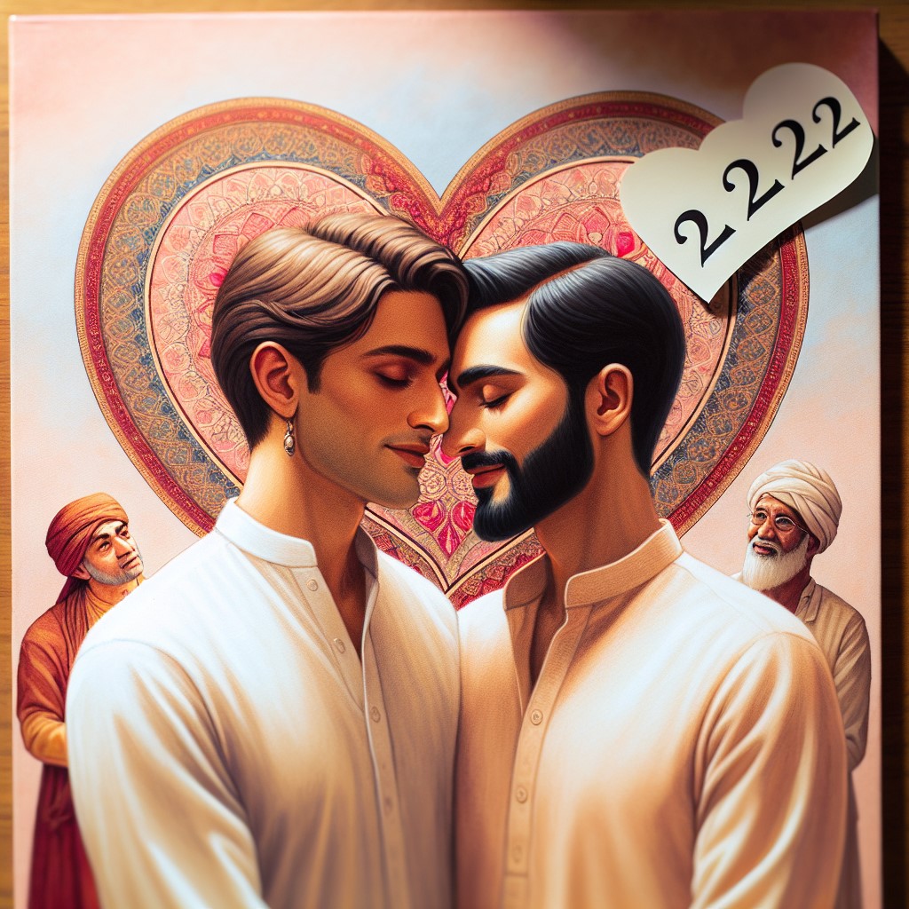 Two men (gay couple) in love and the number 2222 inside a heart shape