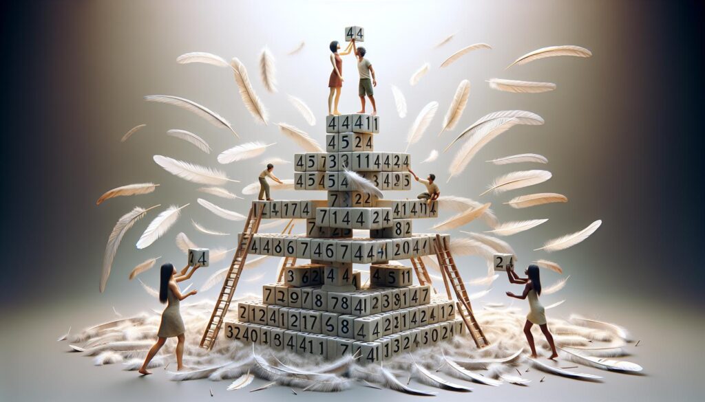 People building a number pyramid with number 44 on top, surrounded by white feathers