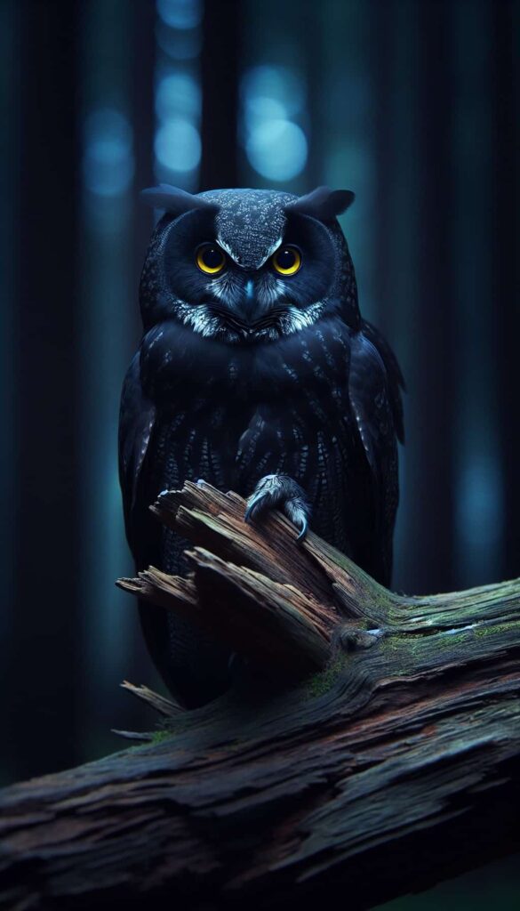 A black owl sitting on a branch