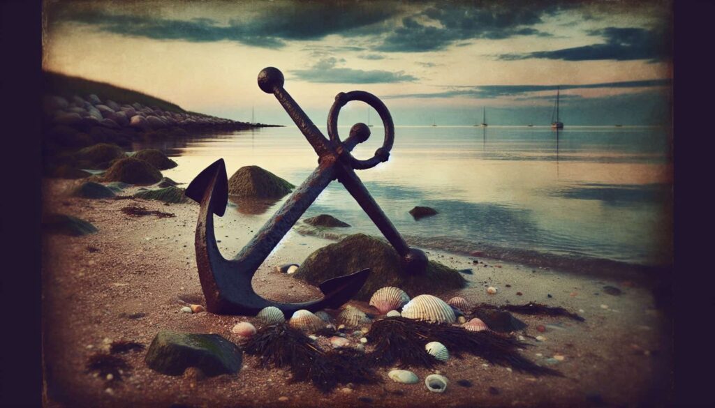Anchor on shore with seashells