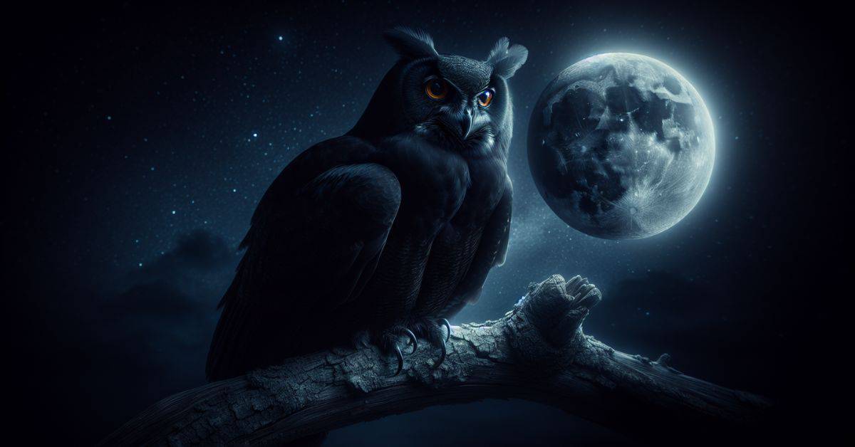 Black owl symbolism - A black owl sitting on a tree branch by moonlight
