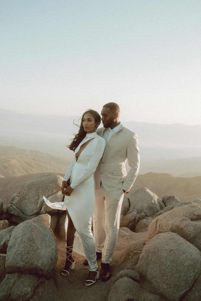 Wedding couple standing on top of a mountain