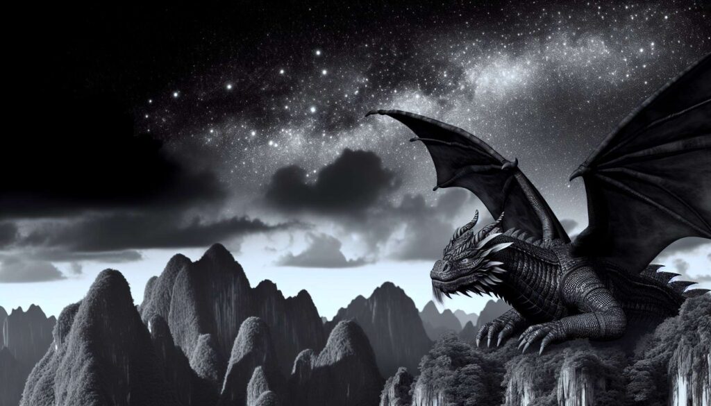 A black dragon looking at the night sky