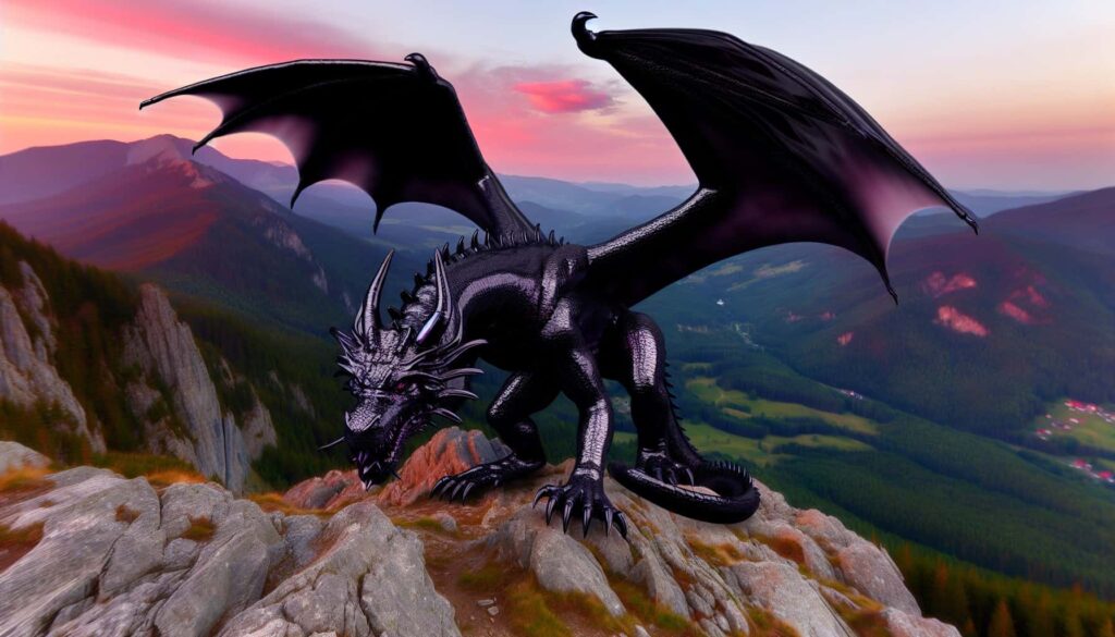 A black dragon on top of a mountain