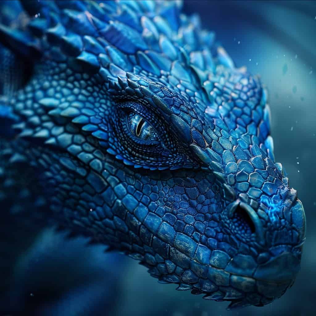 A closeup of a blue dragon face