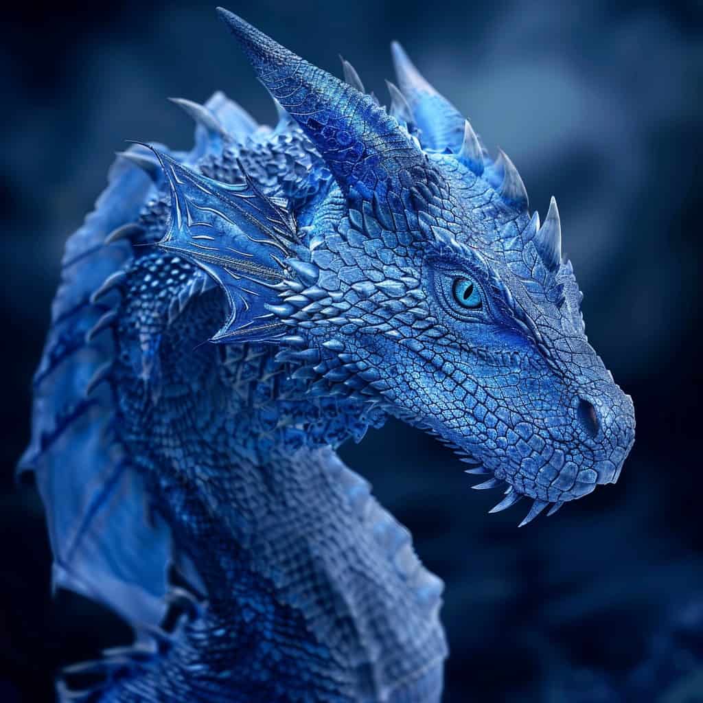 A closeup of a blue dragon