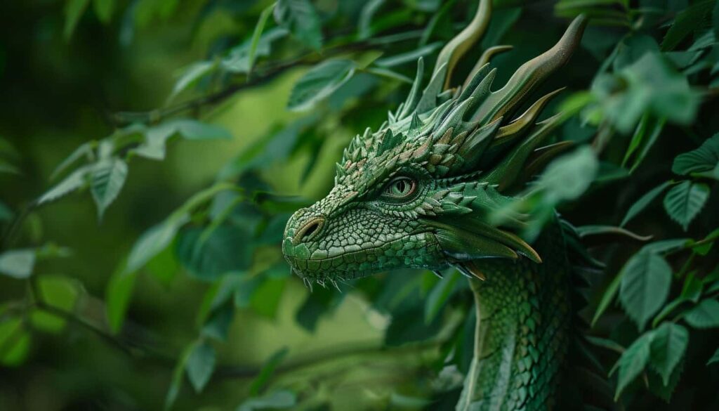 A green dragon blending into its surroundings