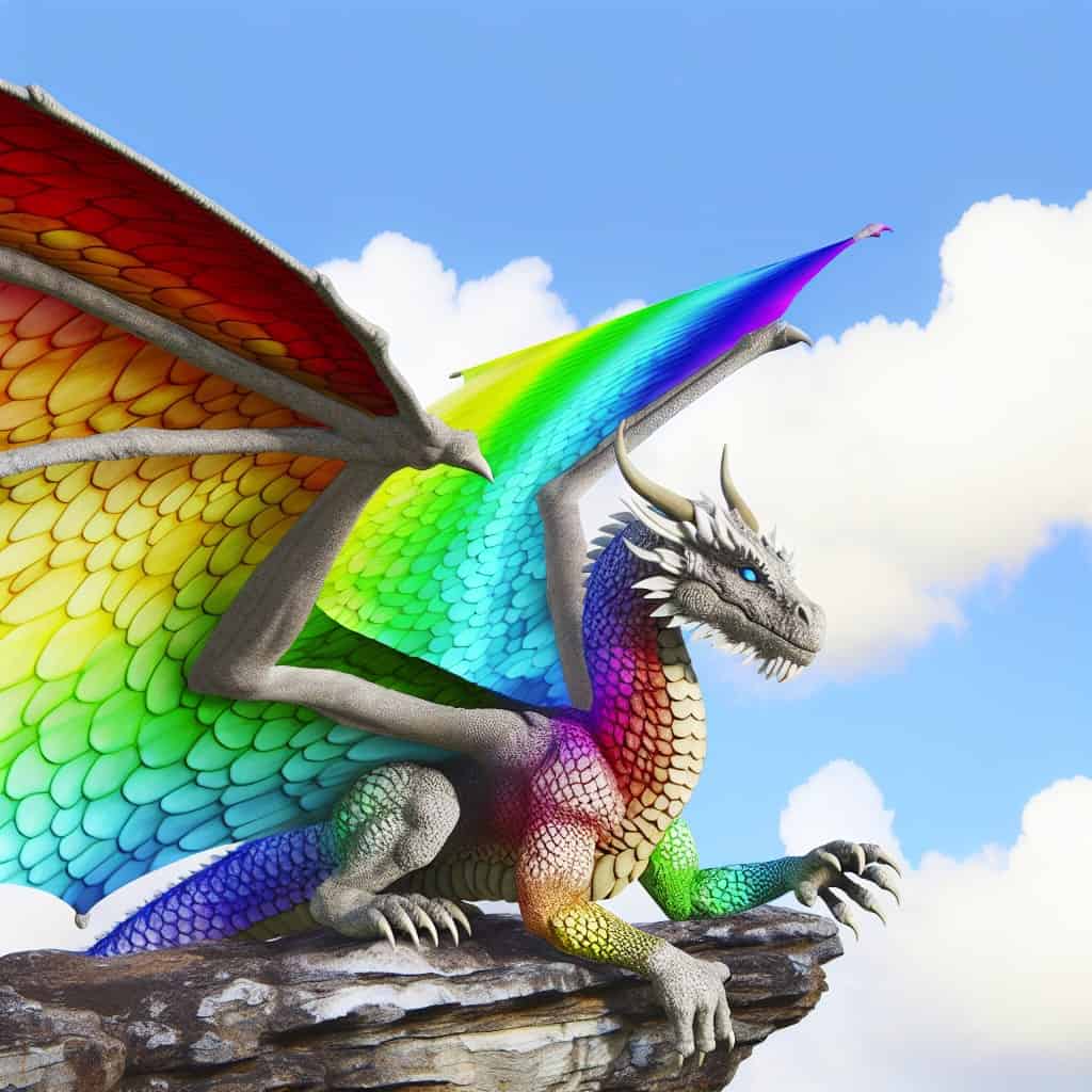 A rainbow dragon against a blue sky