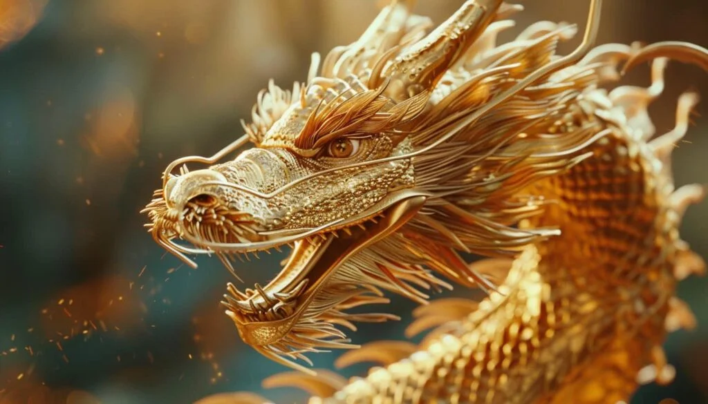 Closeup of a gold dragon face