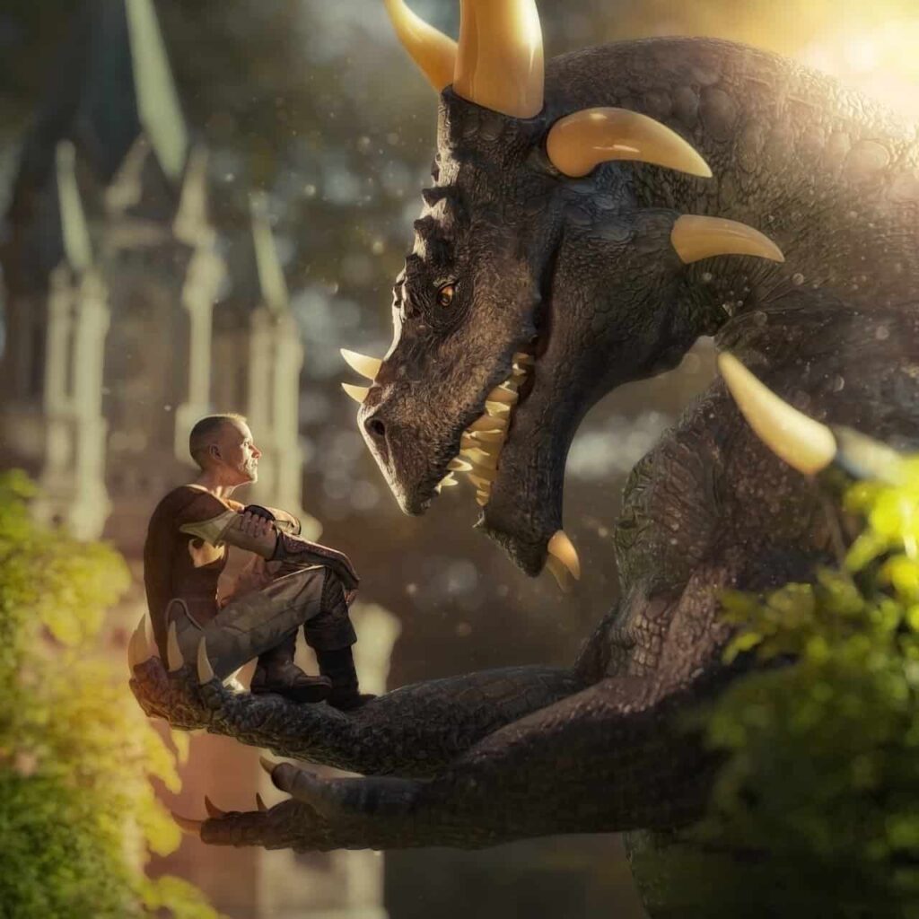 Fantasy green dragon holding a man
