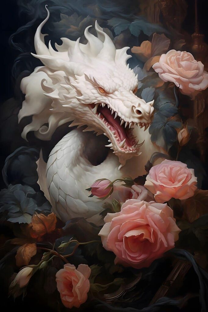 White dragon with pink roses