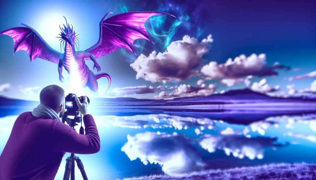Man taking a photo of a purple dragon - A dream like scenery