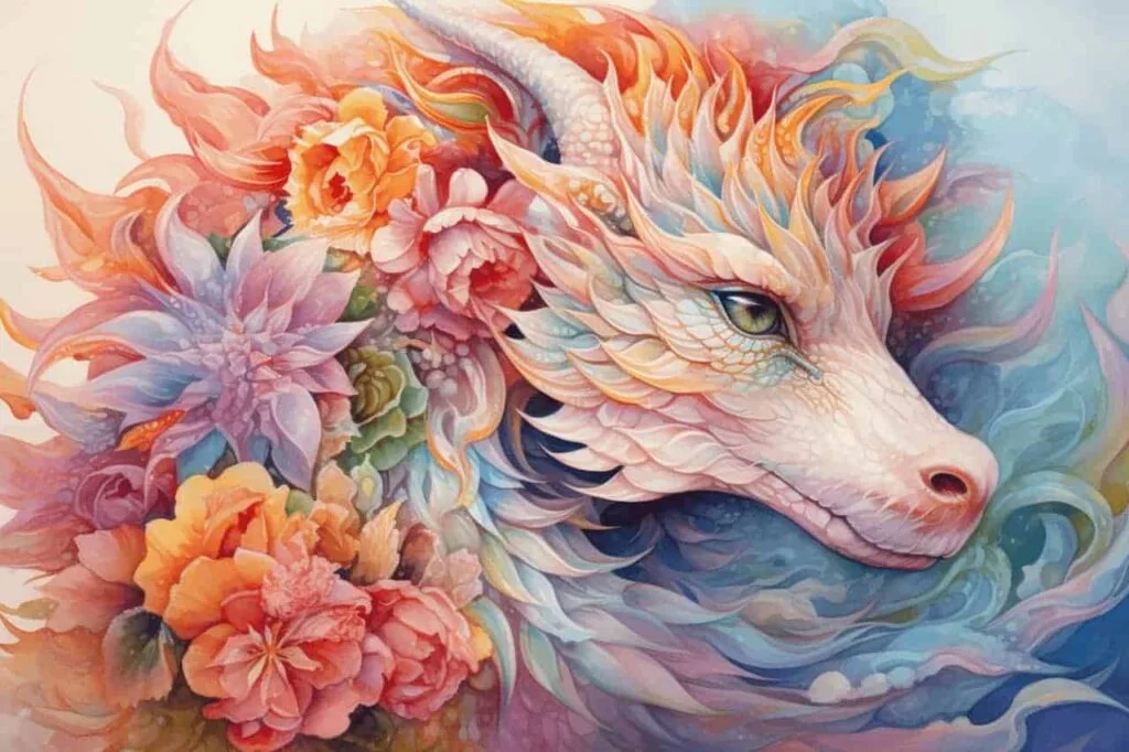 A colorful rainbow dragon with flowers