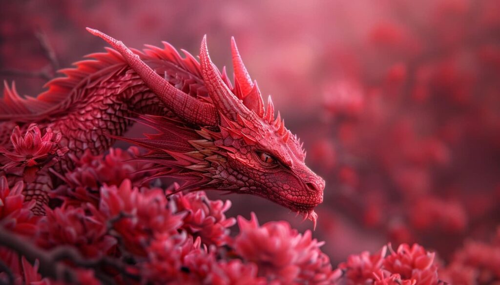 Red dragon in the middle of red flowers