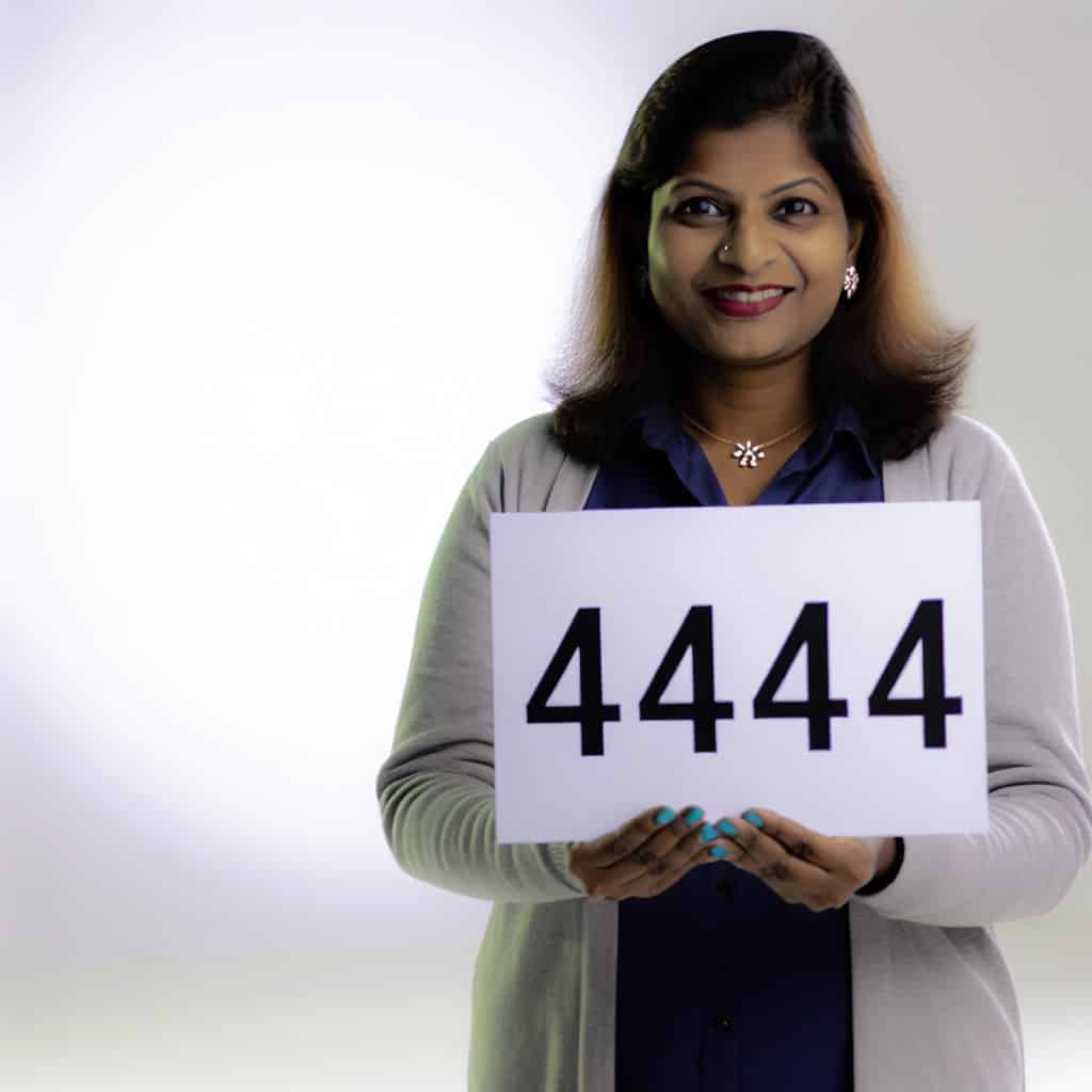 Smiling woman holding a sign with the number 4444