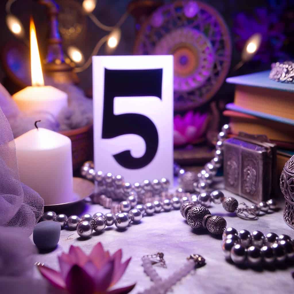 Number 5 surrounded by candles and spiritual objects