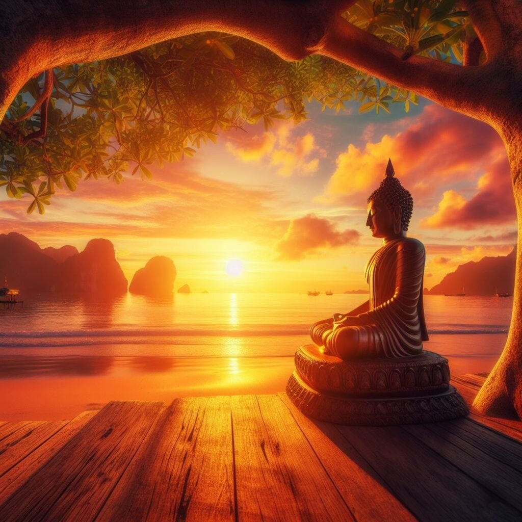 Buddha meditating by sunset