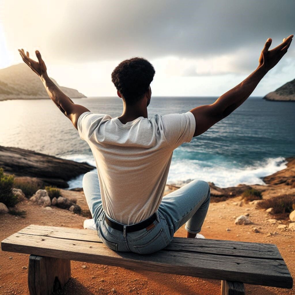 Man opening arms in front of the ocean, praising and praying