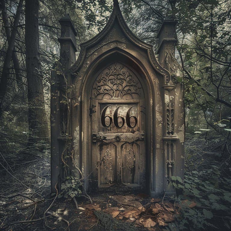 Number 666 written on a mysterious door in the woods