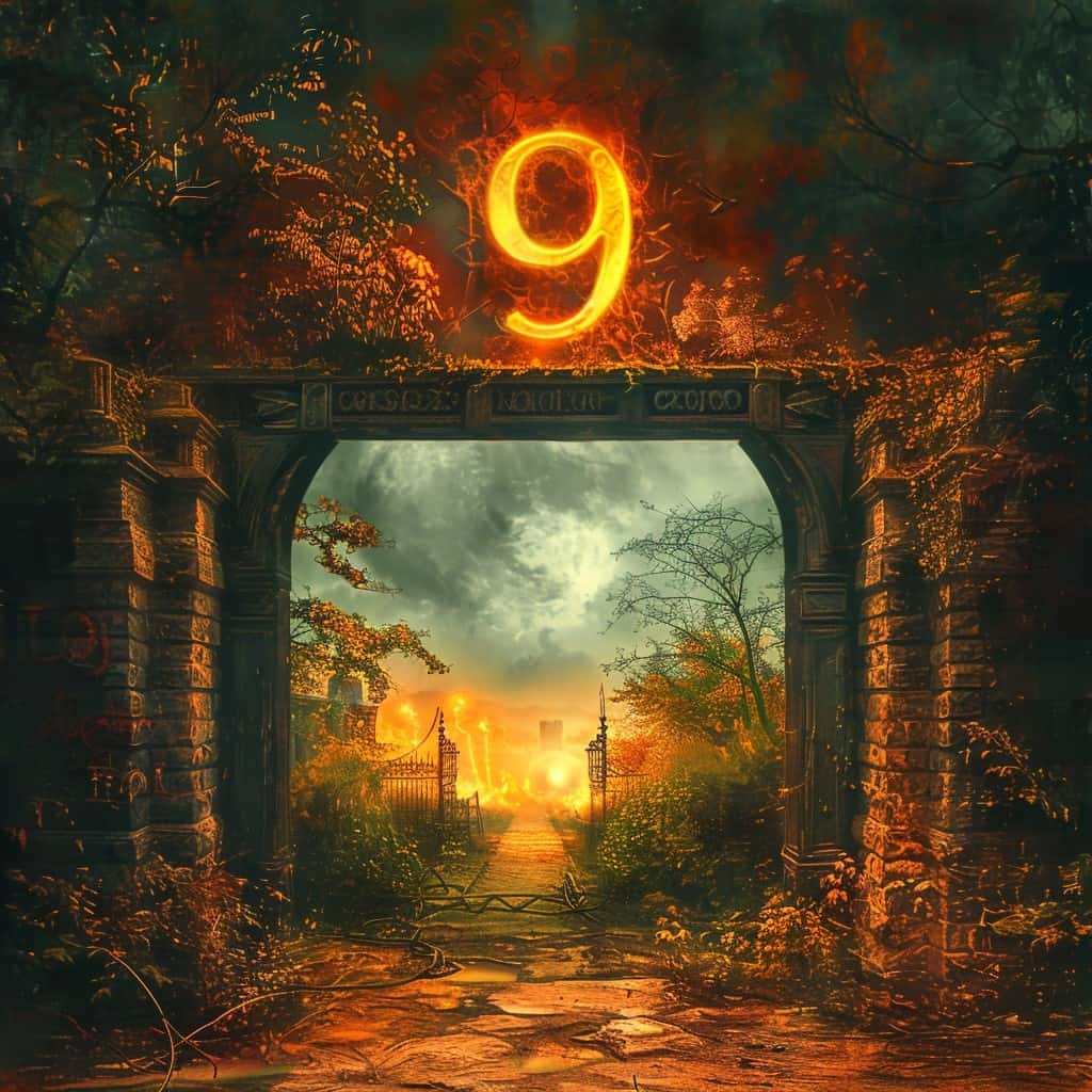 Number 9 above a gate to a burning fantasy garden