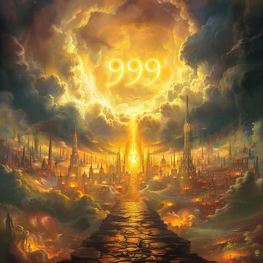 Number 999 glowing in the sky above a fantasy landscape