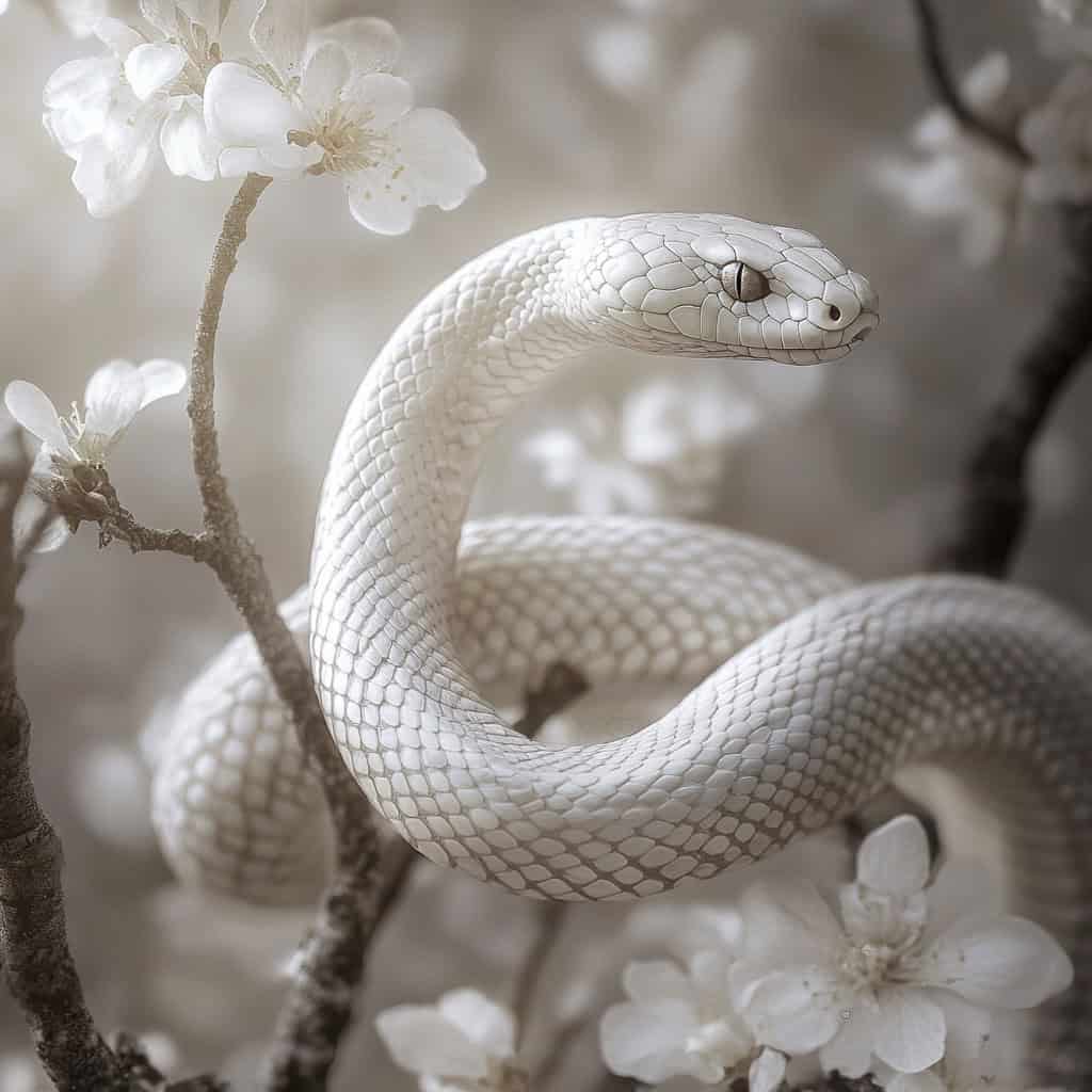 A white snake amongst white cherry blossoms