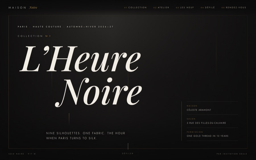 MAISON NOIRE — Collection № 9 · L’Heure Noire — Shader-Driven Fabric (FABLE/175, room 13)
