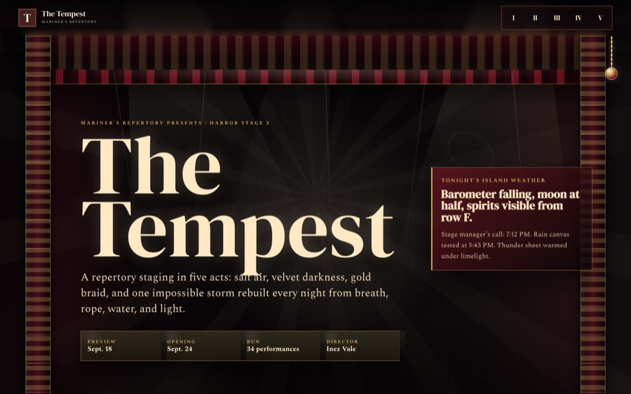 The Tempest - Mariner's Repertory Five-Act Staging — Code-Driven Stagecraft (FABLE/175, room 29)