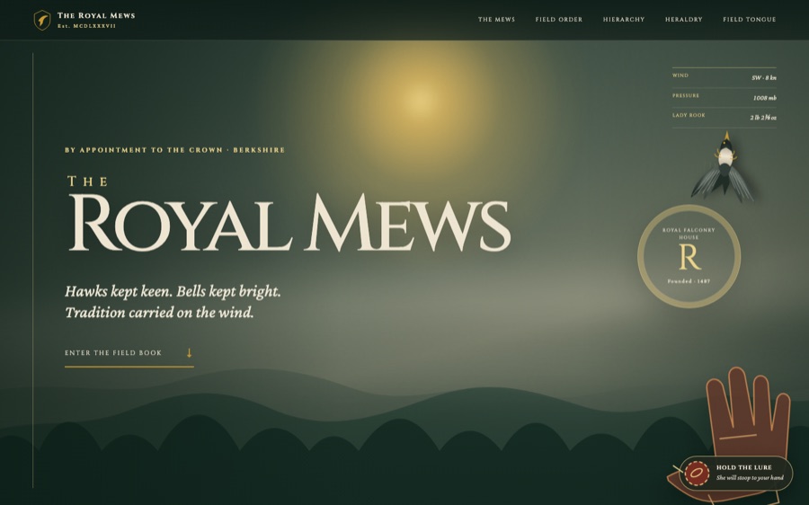 The Royal Mews — Falconry House, Est. 1487 — Layered CSS and Inline SVG (FABLE/175, room 52)