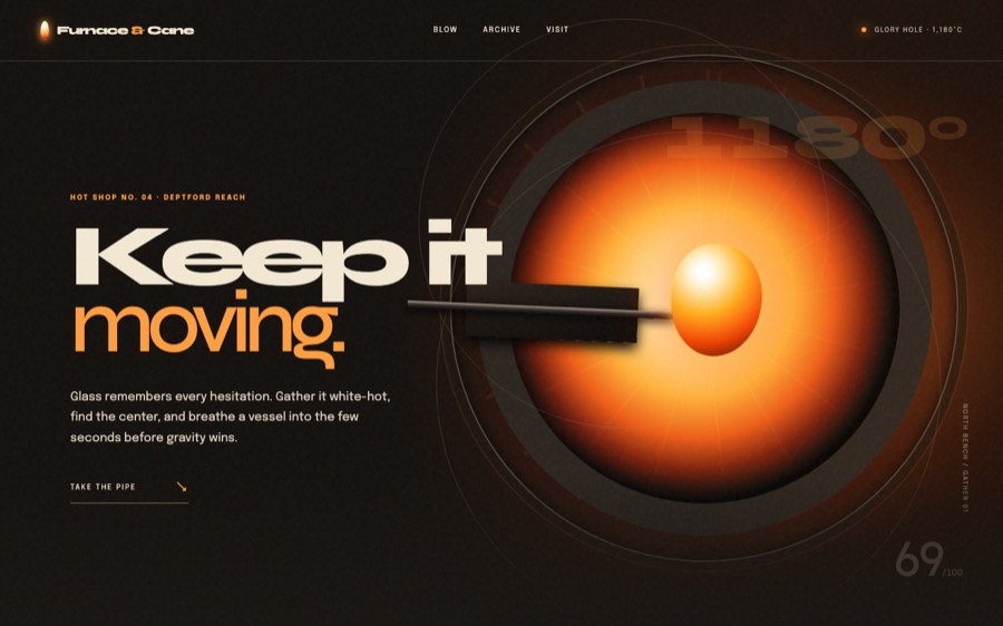 Furnace & Cane — Hot Glass, Kept Moving — CSS-Driven Motion (FABLE/175, room 69)