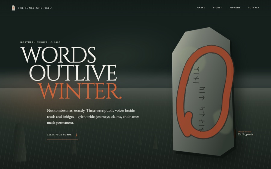 The Runestone Field — Carve Words Into Winter — SVG Carving Animation